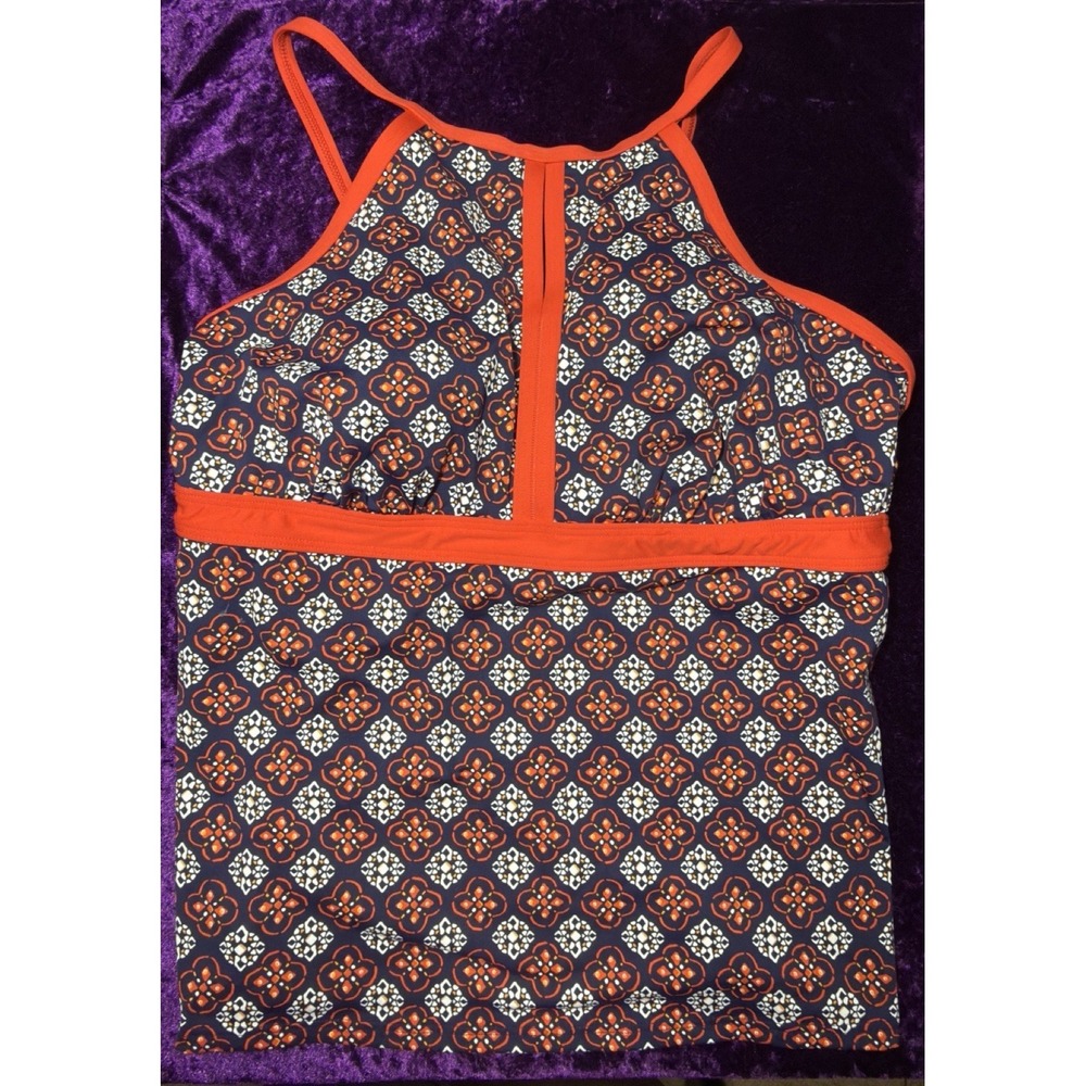 Lands End Swimsuit Tankini Keyhole Top 16 Navy Blue Orange Geometric High Neck